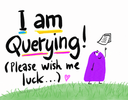 Gif of a cartoon purple ghost letting go of some papers with a caption that reads "I am querying! Please wish me luck"