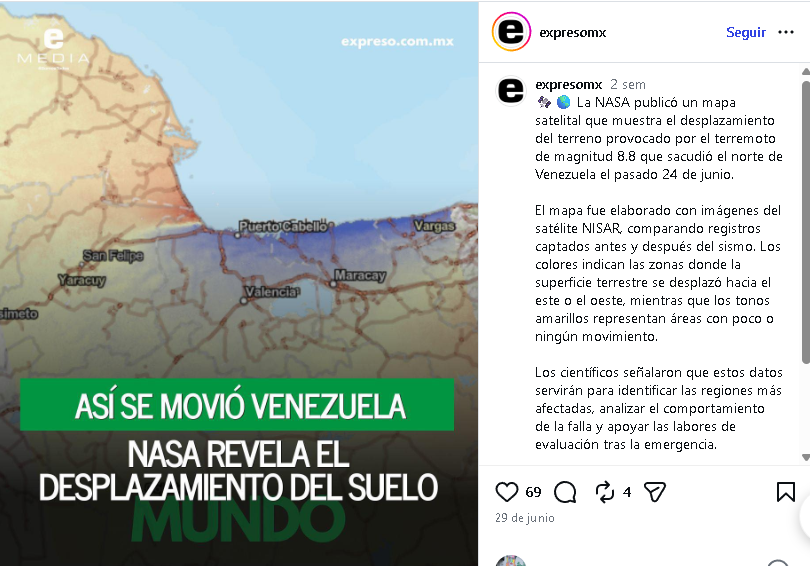 Nasa revela que los terremotos en Venezuela desplazaron hasta 60 centímetros la superficie terrestre