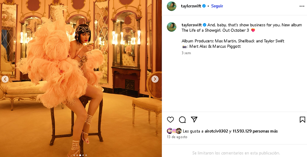 El 3 de octubre, la cantante estadounidense lanzará su nuevo álbum, The Life Of A Showgirl. Foto: @taylorswift
