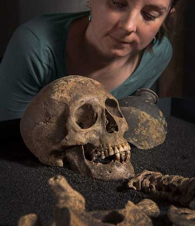 Woman in light blue top looking down on skeletonal remains from a Roman tomb. The skull is placed in the middle of the display and other bones are arranged around it.