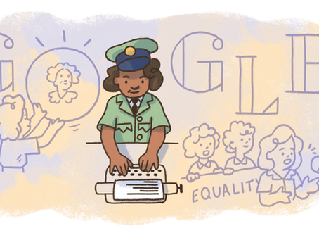 A Black female 2WW service women types at a vintage typewriter, while surrounding illustrations depict a young girl admiring a female historical figure and other women advocating for equality.