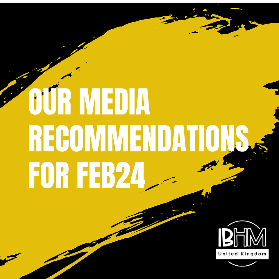 Graphic image. Black background overlayed yellow brushstroke with tagline of Our Media Recommendations for Feb24 and IBHM logo