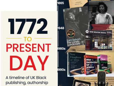 Infographic timeline of UK Black publishing and media power, 1772 to present, with books, a BBC speaker, and a podcast mic