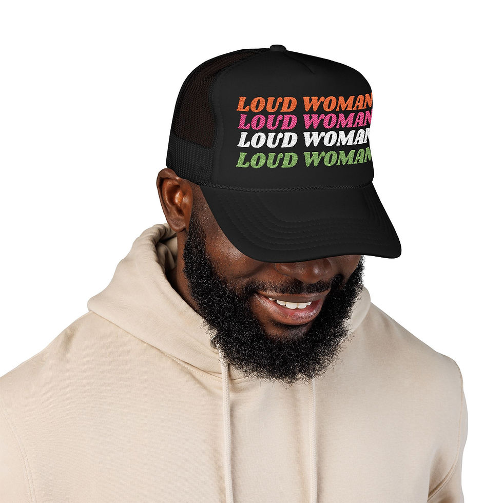Thumbnail: Embroidered 'Loud Woman' Retro Rainbow Foam Trucker Hat — Bold Statement Cap