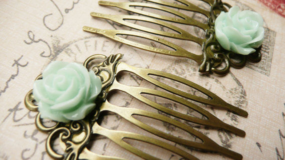 Pale Mint Resin Rose Filigree Hair Combs $6.50