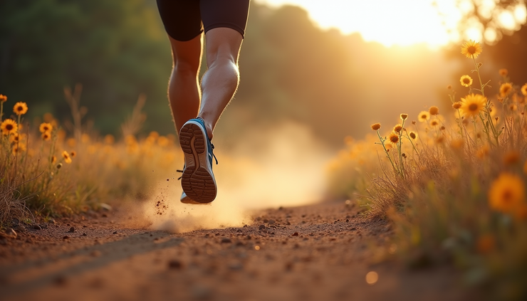 Vista laterale ravvicinata di un runner che corre su un sentiero sterrato con attenzione alla postura