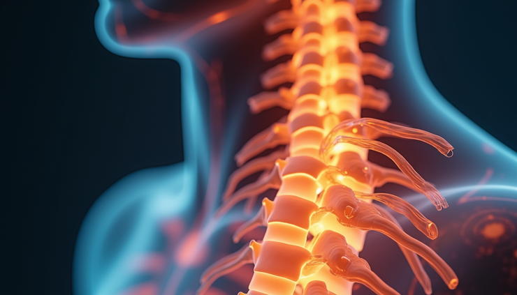 Vista ravvicinata di un modello anatomico della colonna vertebrale con evidenziazione delle vie nervose del dolore