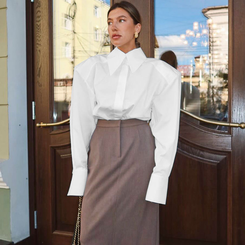 Thumbnail: Linad Autumn Elegant White Puff Sleeve Shirt Office Lady Single-Breasted Woman B