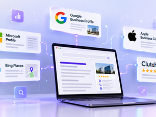 Laptop displaying a business listing connected to Google, Microsoft, Bing, Apple, and Clutch profiles, illustrating online business listings and AI search visibility.