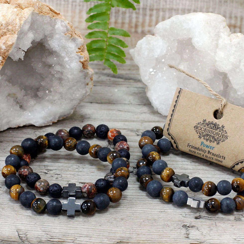 Thumbnail: Set of 2 Gemstones Friendship Bracelets - Power - Tiger Eye & Black Stone