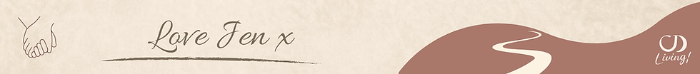 Banner design with a compass symbol, handwritten text reading ‘Love Always Jen x’ beside a pen illustration, and a winding path with a small speech bubble in the background. Logo ‘CD Living!’ appears in the corner.