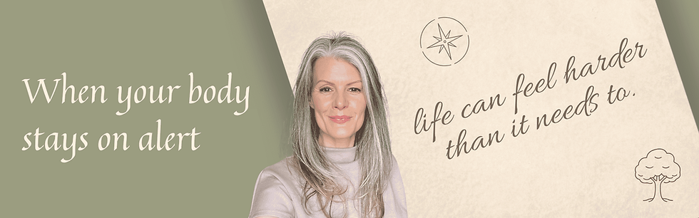 Woman with long gray hair, soft smile, on a green/beige background. Text: When the body stays on alert, life can feel harder than it needs to.