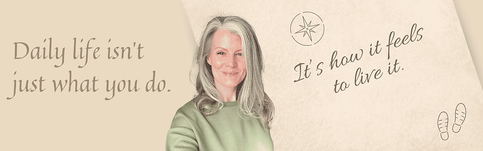 Smiling woman in green sweater with text: "Daily life is shaped by what we repeat. Supportive choices matter more than perfect routines." Background compass rose and footprints.