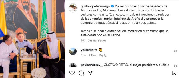 Petro pide la mediación de Arabia Saudita ante EEUU para detener ataques a narcolanchas