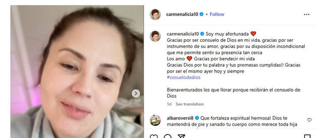La actriz venezolana Carmen Alicia anunció que su cáncer hizo metástasis