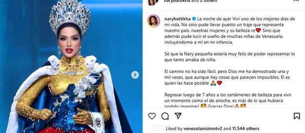 Miss Grand Venezuela 2025, Nariman Battikha, impacto con su traje típico en Tailandia