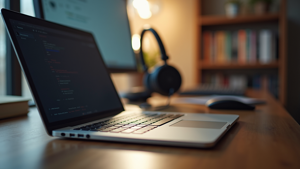 Eye-level view of a home office setup with a laptop and headset