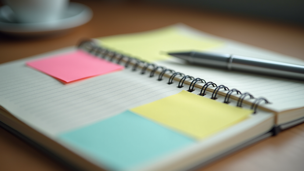 Close-up view of a notebook with colorful sticky notes and a pen on a wooden desk