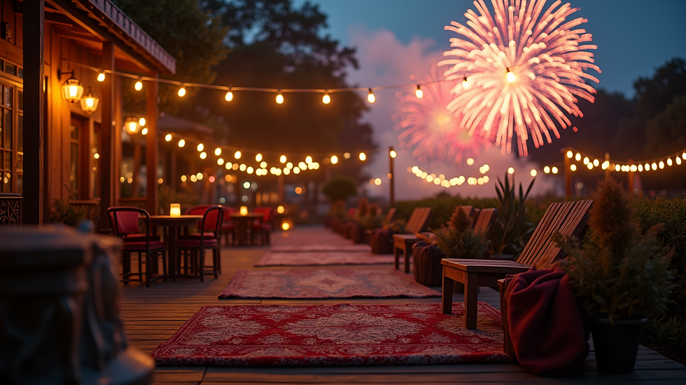 High angle view of a cozy outdoor seating area with chairs and blankets ready for fireworks