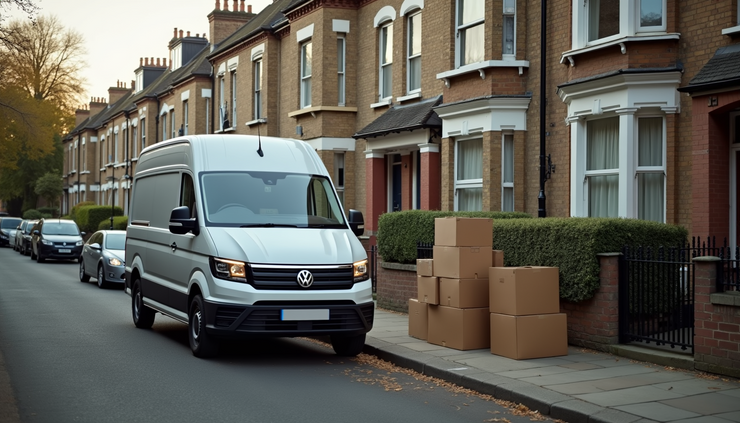 High angle view of a van parked outside a Hammersmith flat with moving boxes stacked nearby