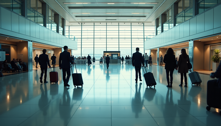 High angle view of a Heathrow Airport arrivals hall with passengers and luggage trolleys