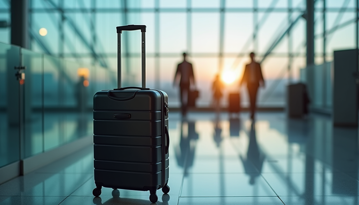 صورة مقربة لحقيبة سفر ذكية مع عجلات في مطار هيثرو