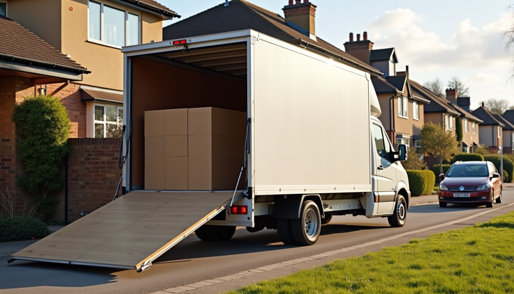 High angle view of a van unloading flat-pack furniture boxes on a Leyton driveway