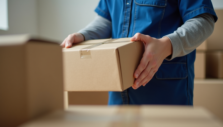Close-up of blue-uniformed mover carefully packing fragile items into labeled boxes