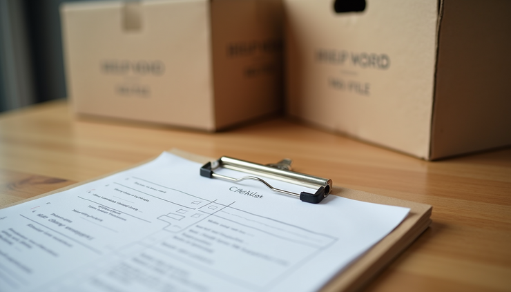 Close-up view of a moving checklist and packed boxes ready for transport in Hammersmith
