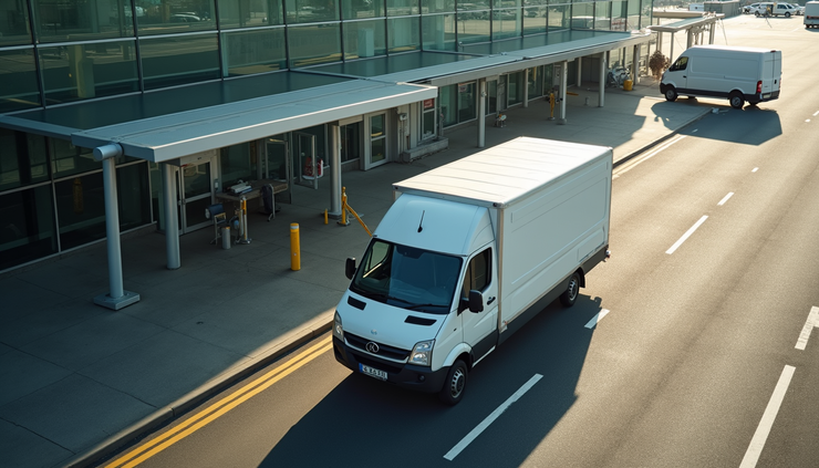 High angle view of Heathrow Airport luggage delivery van parked outside terminal