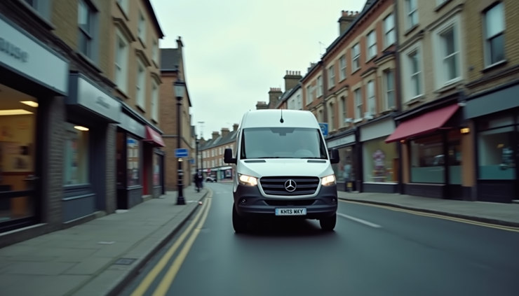 Close-up view of a moving van navigating a narrow street in Croydon