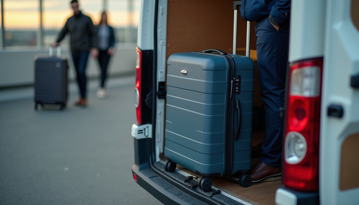Close-up view of luggage being loaded into a delivery van outside Heathrow Airport