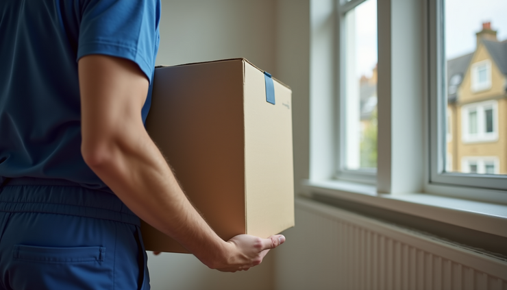 Close-up view of a mover in a blue uniform carrying a packed box in a London flat