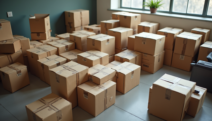 High angle view of neatly packed office boxes and IT equipment ready for relocation