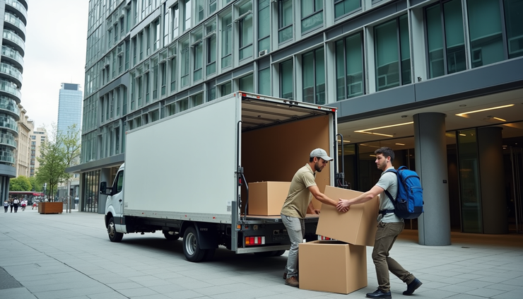 Eye-level view of a moving van parked outside a modern office building in Canary Wharf