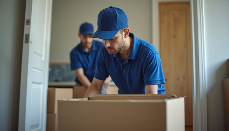 Close-up view of a blue-uniformed mover packing boxes inside a London flat