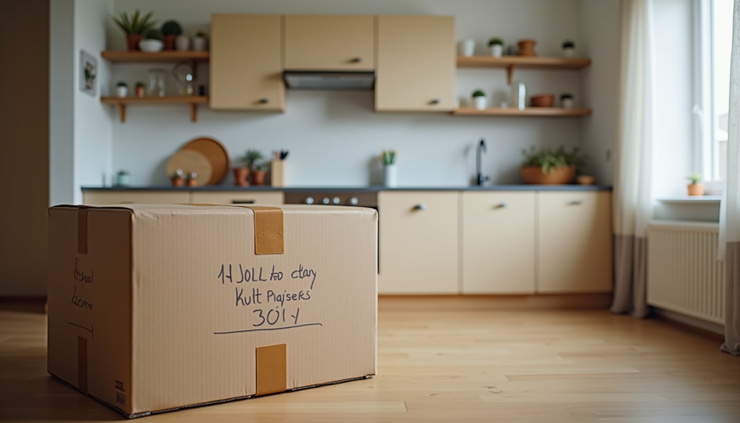Eye-level view of a neatly packed moving box labeled 'Kitchen' ready for transport in a Hammersmith flat