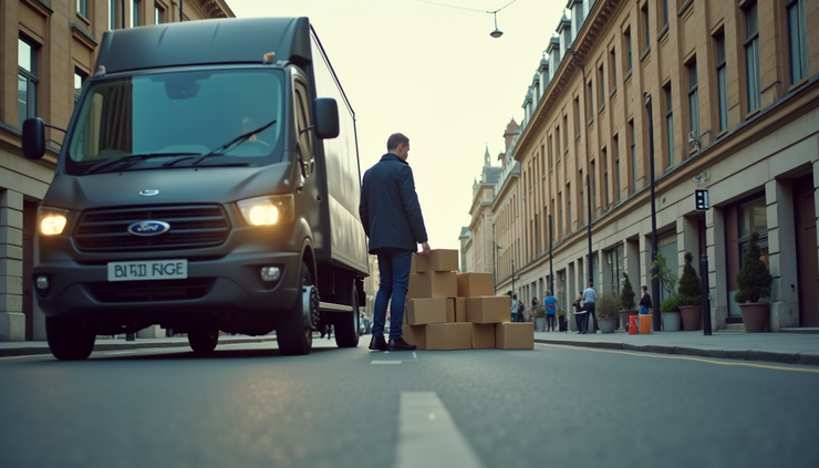 Eye-level view of a man and van parked on a London street with moving boxes
