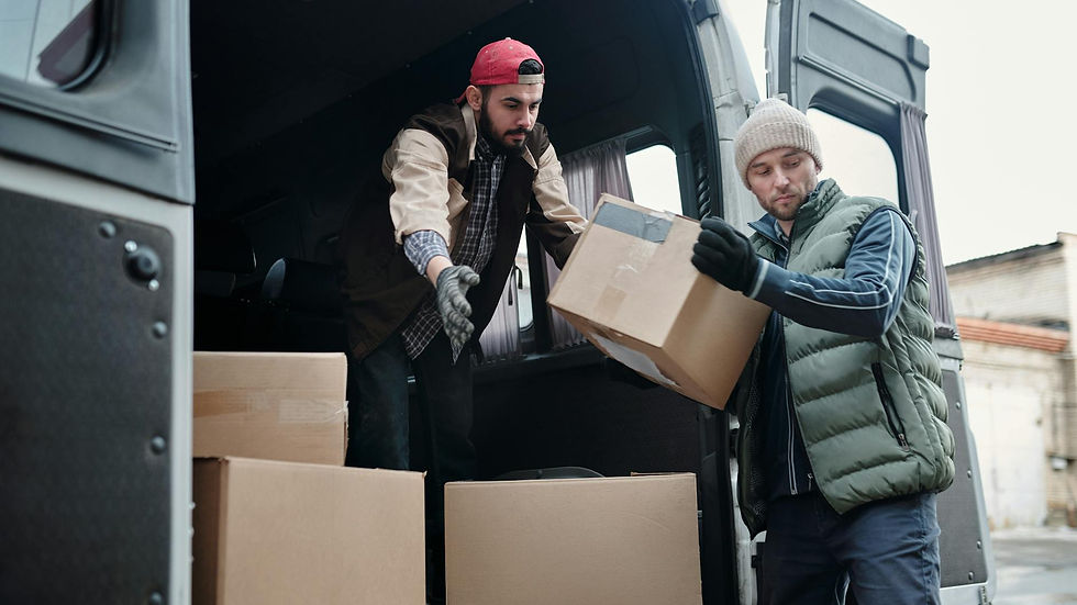 Two delivery workers unload cardboard boxes from a van, showcasing teamwork and logistics.