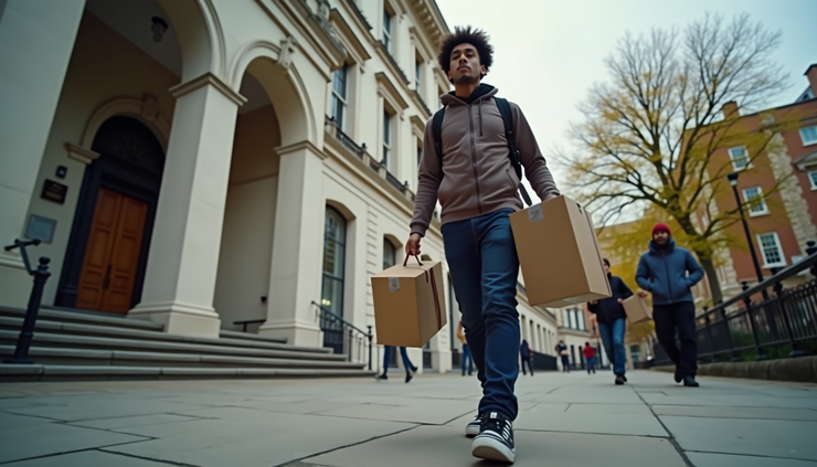 Eye-level view of a student carrying boxes outside a London university building