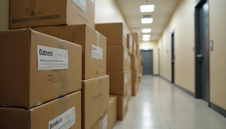 Close-up view of labeled moving boxes stacked neatly in a hallway