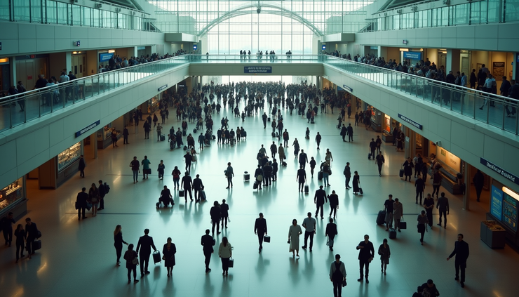 منظر عين الطائر لصالة الوصول في مطار هيثرو مع حركة المسافرين