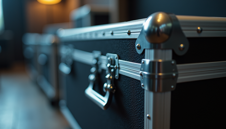 Close-up view of a sturdy, padded flight case for technical equipment
