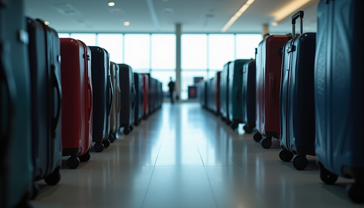 Eye-level view of Heathrow Airport luggage delivery area with suitcases waiting for pickup