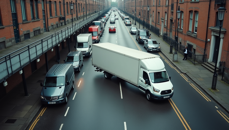High angle view of a London street with moving vans parked in suspended bays during a residential move