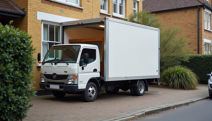 High angle view of a van parked outside a residential building in Ealing with furniture ready for delivery