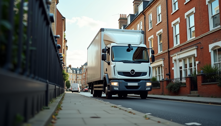 Eye-level view of a moving truck parked outside a London townhouse