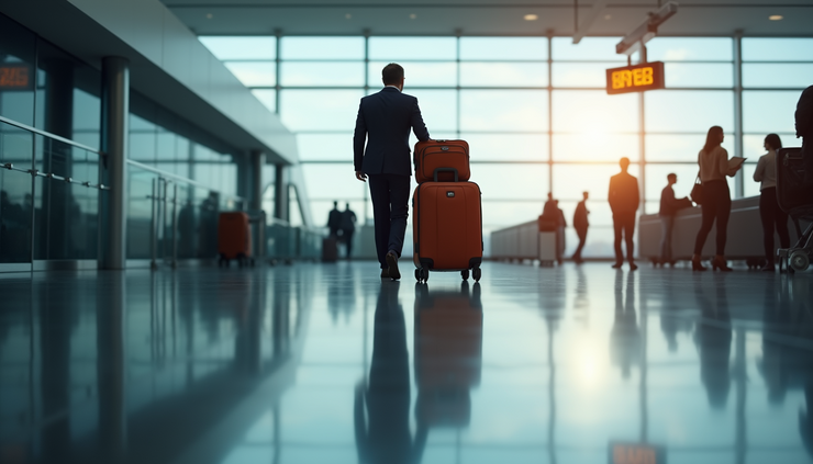 Eye-level view of luggage trolley loaded with suitcases at Stansted Airport