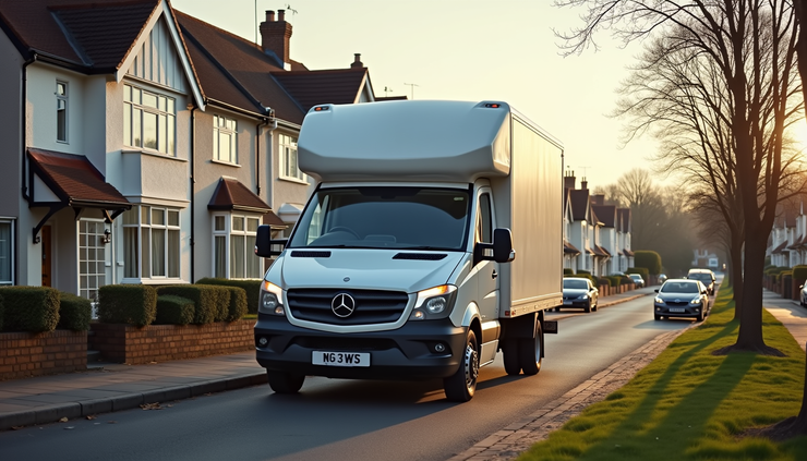 Eye-level view of a moving van parked outside a residential property in Hammersmith