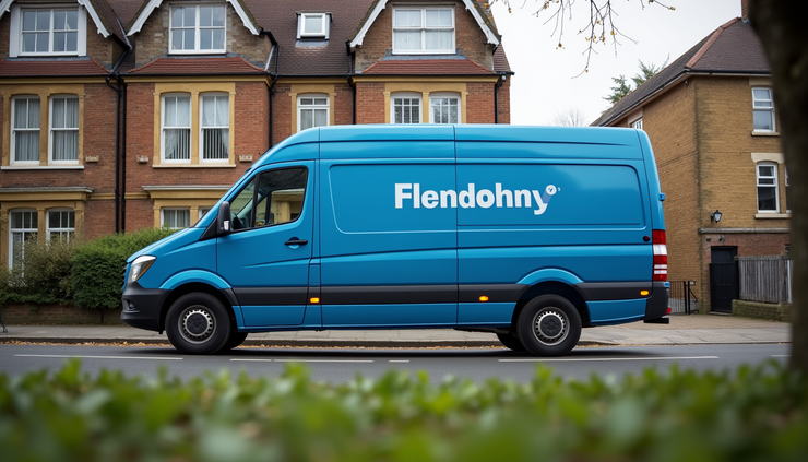 Eye-level view of blue branded van parked outside a residential building in Hammersmith